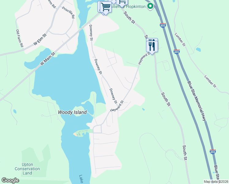 map of restaurants, bars, coffee shops, grocery stores, and more near 93 Downey Street in Hopkinton