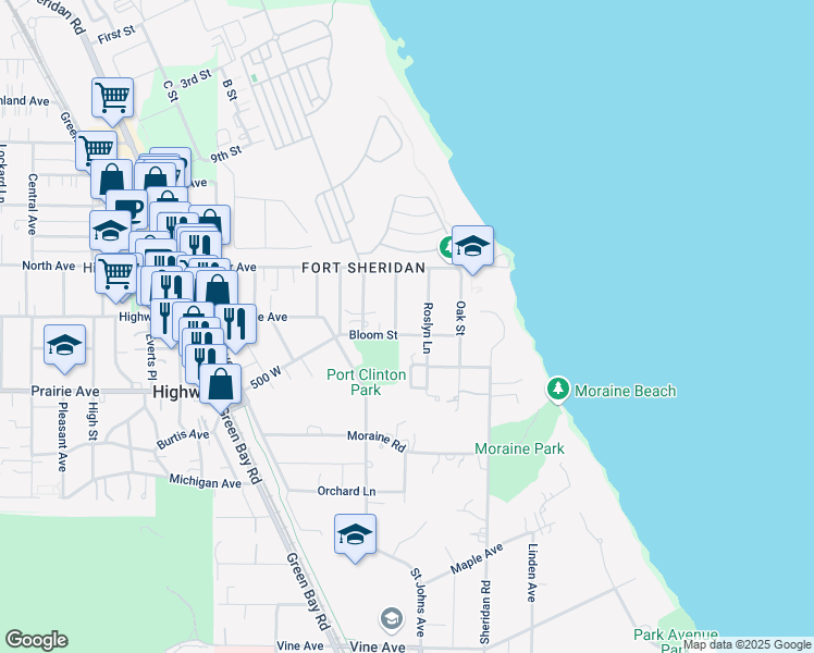 map of restaurants, bars, coffee shops, grocery stores, and more near 198 Bloom Street in Highland Park