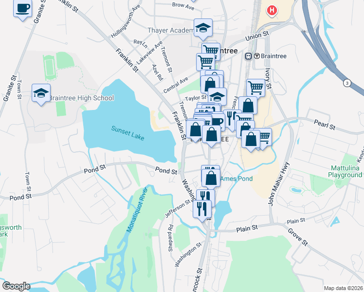 map of restaurants, bars, coffee shops, grocery stores, and more near 1021 Washington Street in Braintree