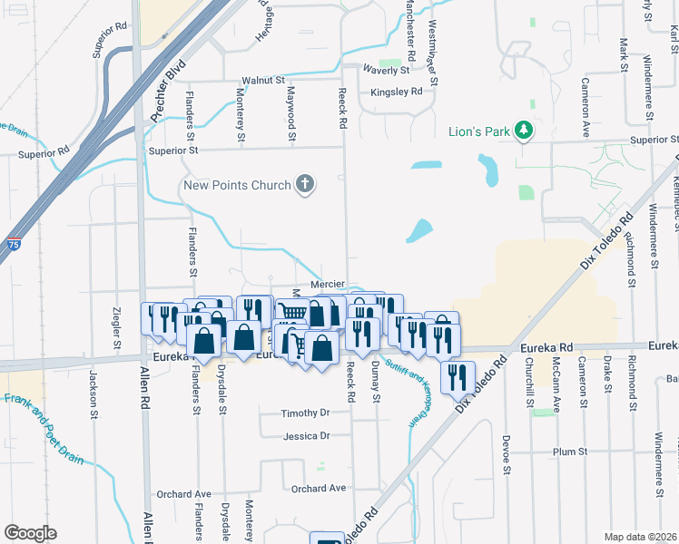 map of restaurants, bars, coffee shops, grocery stores, and more near 14829 Fairgrove Street in Southgate