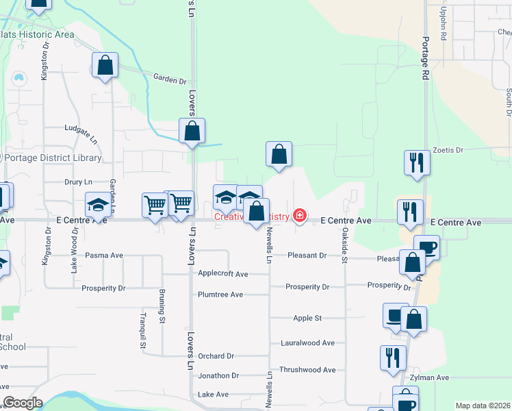 map of restaurants, bars, coffee shops, grocery stores, and more near 1603 East Centre Avenue in Portage