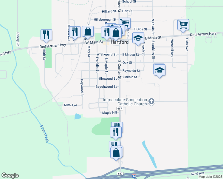 map of restaurants, bars, coffee shops, grocery stores, and more near 510 South Center Street in Hartford