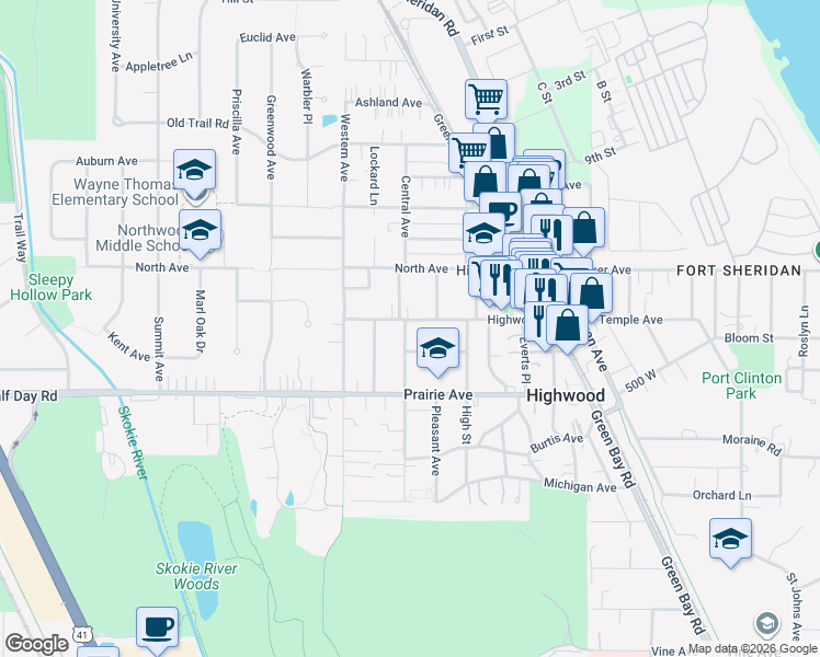 map of restaurants, bars, coffee shops, grocery stores, and more near 249 Highwood Avenue in Highwood