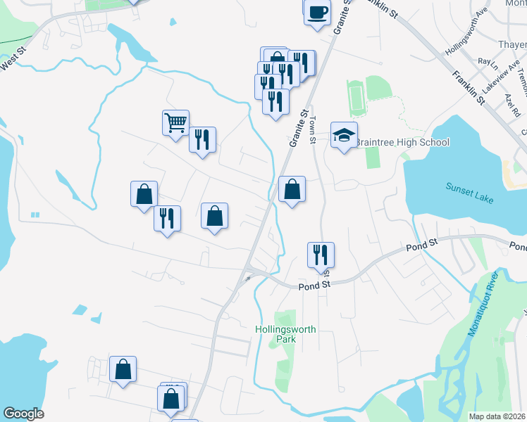 map of restaurants, bars, coffee shops, grocery stores, and more near 891 Granite Street in Braintree