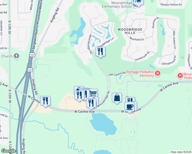 map of restaurants, bars, coffee shops, grocery stores, and more near 8036 Moorsbridge Road in Portage