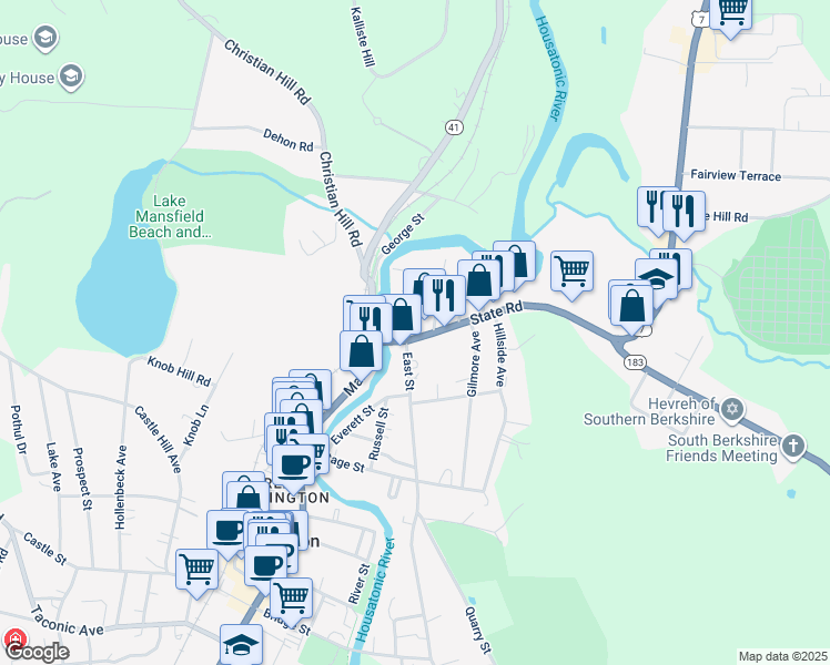 map of restaurants, bars, coffee shops, grocery stores, and more near 201-223 State Road in Great Barrington