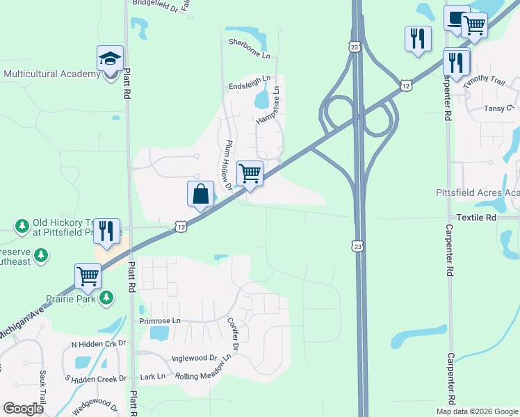 map of restaurants, bars, coffee shops, grocery stores, and more near 3350 Textile Road in Ypsilanti