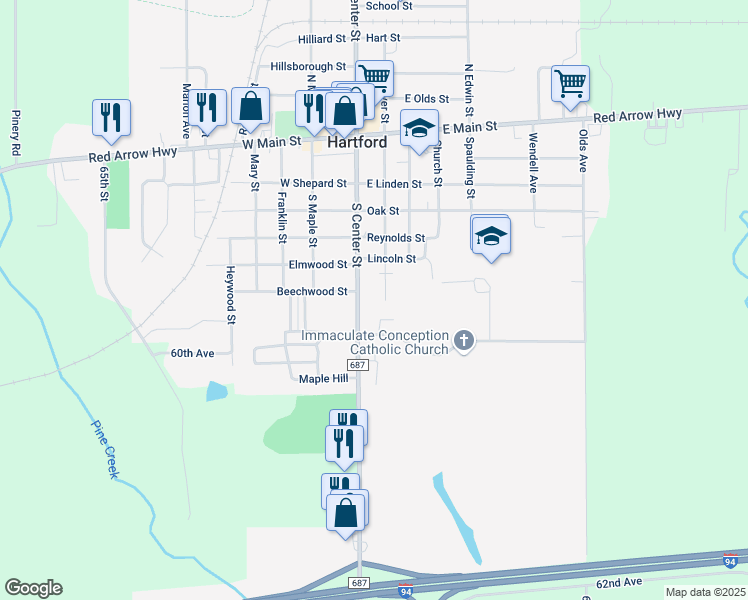 map of restaurants, bars, coffee shops, grocery stores, and more near 525 South Center Street in Hartford