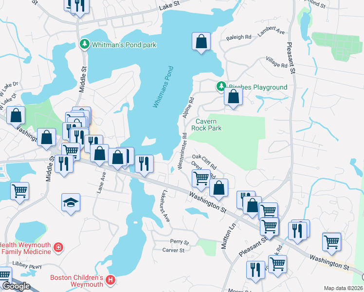 map of restaurants, bars, coffee shops, grocery stores, and more near 53 Island View Road in Weymouth