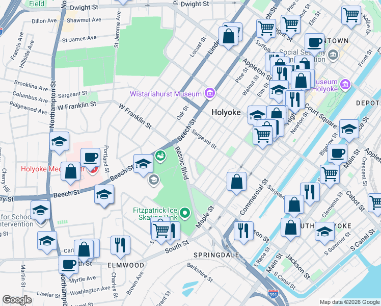 map of restaurants, bars, coffee shops, grocery stores, and more near 24 Resnic Boulevard in Holyoke