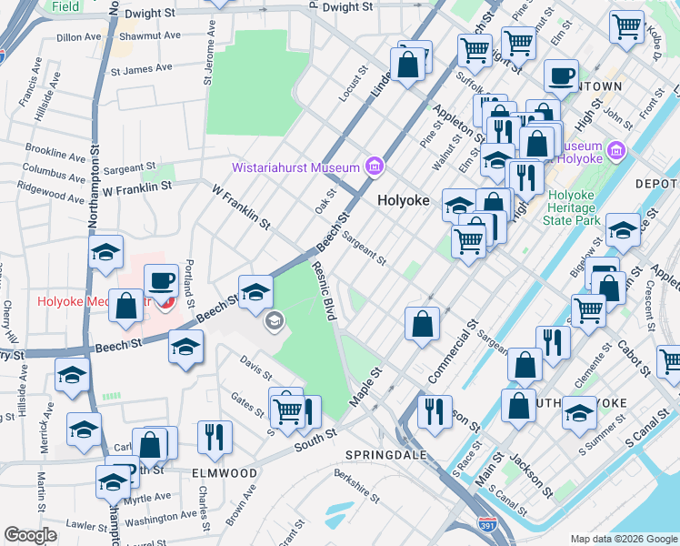 map of restaurants, bars, coffee shops, grocery stores, and more near 99 Franklin Street in Holyoke