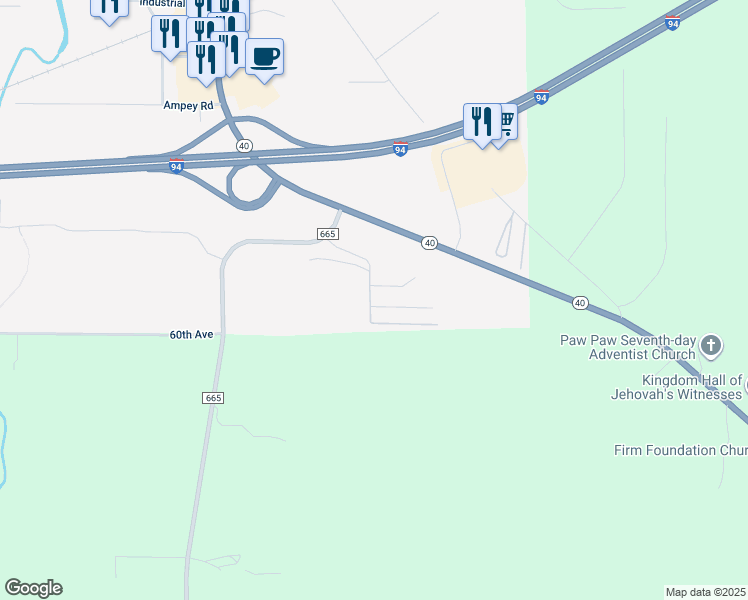 map of restaurants, bars, coffee shops, grocery stores, and more near 53 Becky Boulevard in Paw Paw