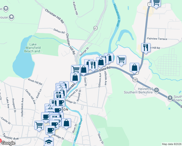 map of restaurants, bars, coffee shops, grocery stores, and more near 2 North Street in Great Barrington