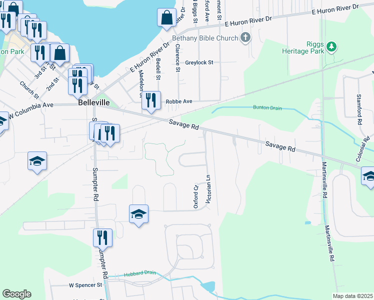 map of restaurants, bars, coffee shops, grocery stores, and more near 267 Victorian Lane in Belleville