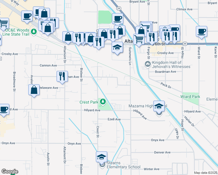 map of restaurants, bars, coffee shops, grocery stores, and more near 2765 Dayton Street in Klamath Falls