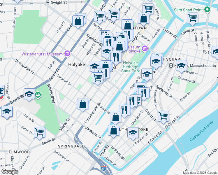 map of restaurants, bars, coffee shops, grocery stores, and more near 7 Worcester Place in Holyoke