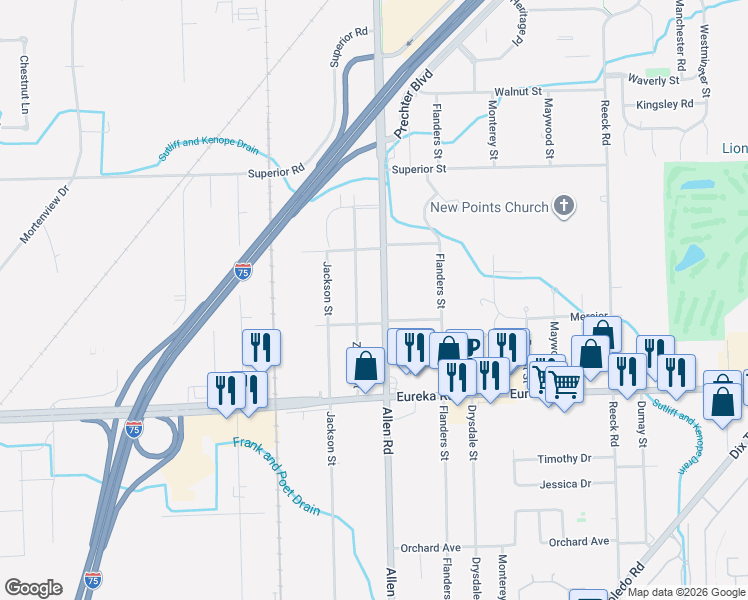 map of restaurants, bars, coffee shops, grocery stores, and more near 14368 Allen Road in Taylor