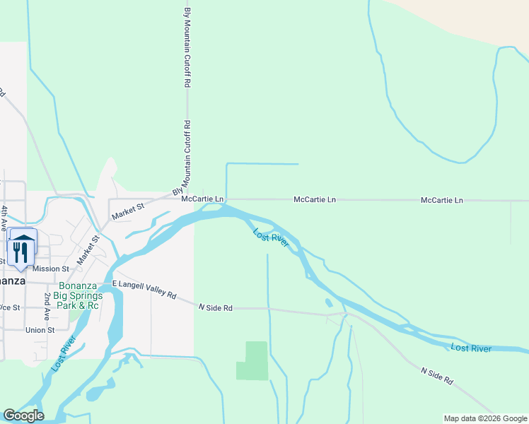 map of restaurants, bars, coffee shops, grocery stores, and more near 3249 East Langell Valley Road in Bonanza