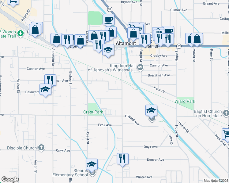 map of restaurants, bars, coffee shops, grocery stores, and more near 4041 Delaware Avenue in Klamath Falls