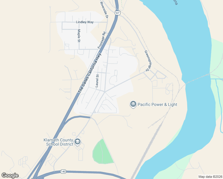 map of restaurants, bars, coffee shops, grocery stores, and more near 1827 Riverside Drive in Klamath Falls
