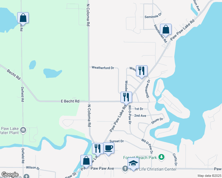 map of restaurants, bars, coffee shops, grocery stores, and more near 4996 Weatherford Drive in Coloma