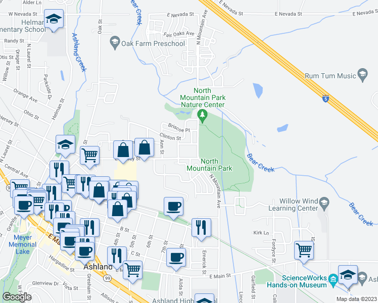 map of restaurants, bars, coffee shops, grocery stores, and more near 487 East Hersey Street in Ashland