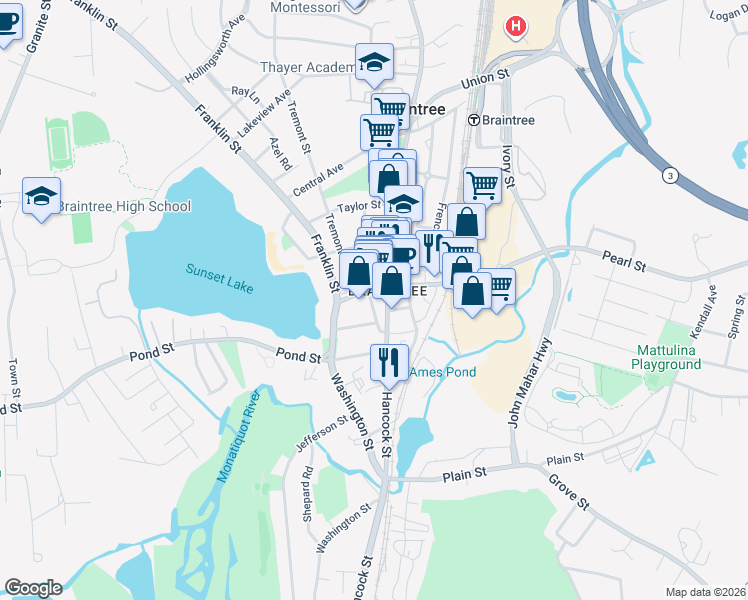 map of restaurants, bars, coffee shops, grocery stores, and more near 920 Washington Street in Braintree