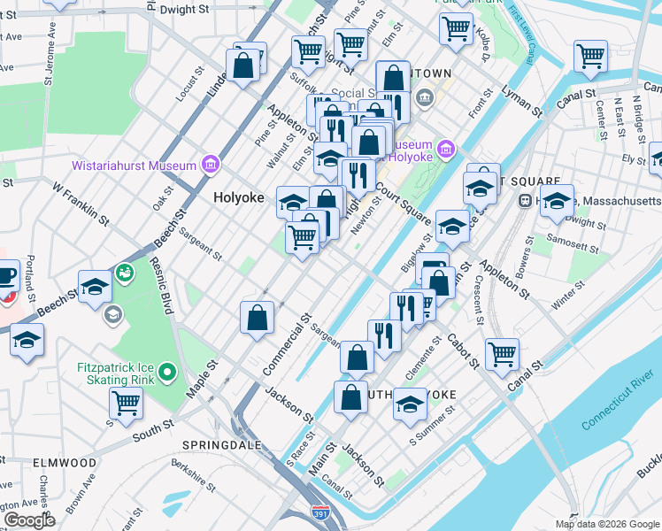 map of restaurants, bars, coffee shops, grocery stores, and more near 11 Worcester Place in Holyoke