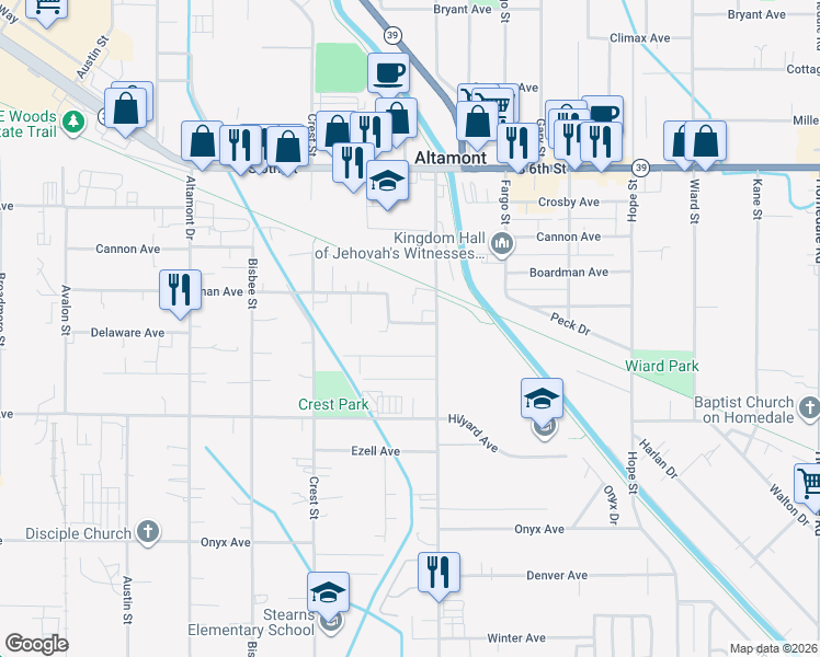 map of restaurants, bars, coffee shops, grocery stores, and more near 4041 Delaware Avenue in Klamath Falls