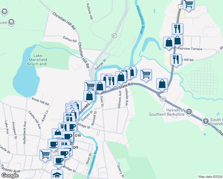 map of restaurants, bars, coffee shops, grocery stores, and more near 29 Mill River Great Barrington Rd in New Marlborough