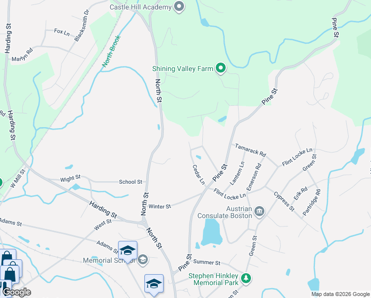 map of restaurants, bars, coffee shops, grocery stores, and more near 13 Cedar Lane in Medfield
