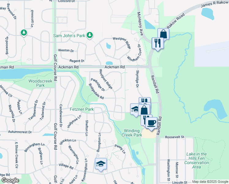 map of restaurants, bars, coffee shops, grocery stores, and more near Westport Ridge & Fountain Green Dr in Crystal Lake