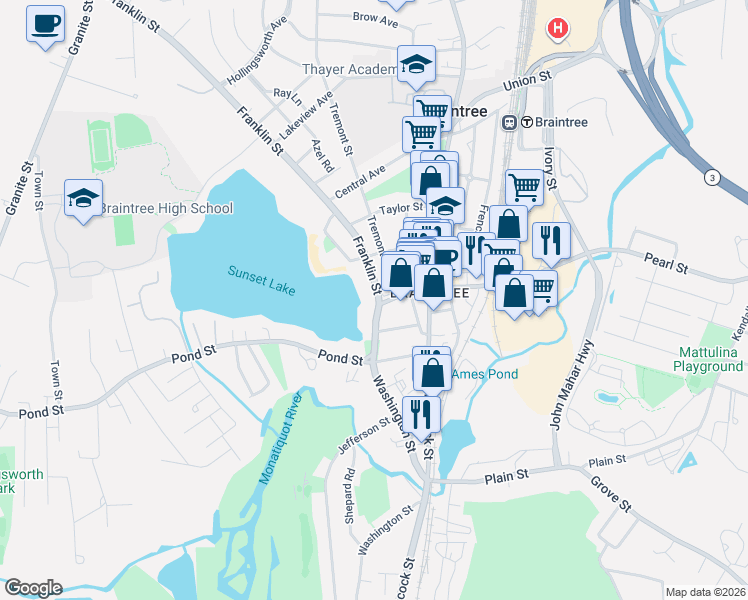 map of restaurants, bars, coffee shops, grocery stores, and more near 20 Tremont Street in Braintree