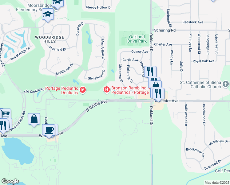 map of restaurants, bars, coffee shops, grocery stores, and more near 2446 Deep Forest Court in Portage