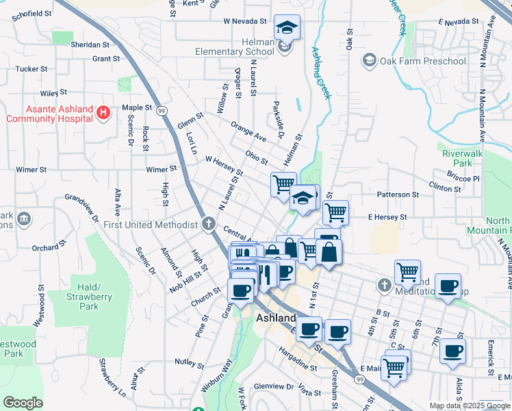 map of restaurants, bars, coffee shops, grocery stores, and more near 255 Helman Street in Ashland
