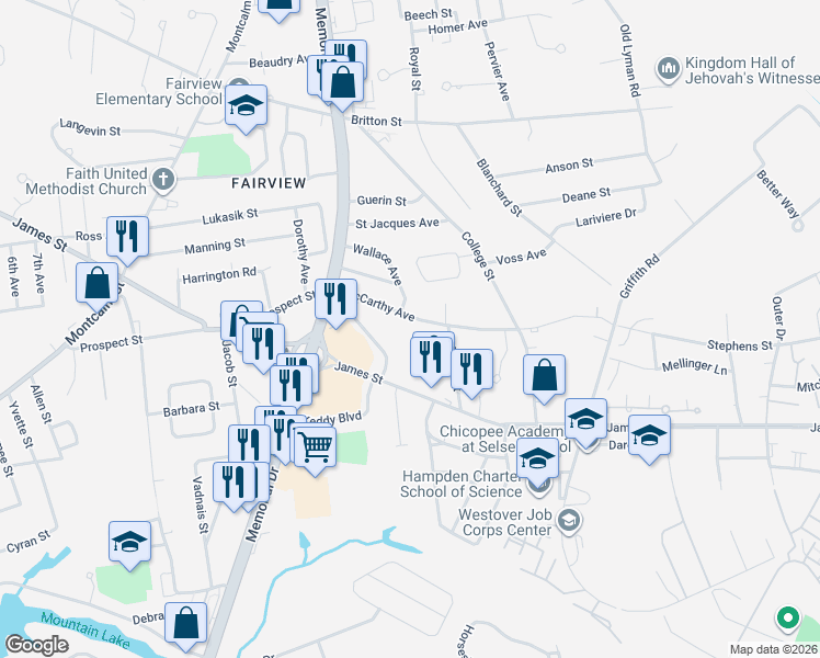 map of restaurants, bars, coffee shops, grocery stores, and more near 78 McCarthy Avenue in Chicopee