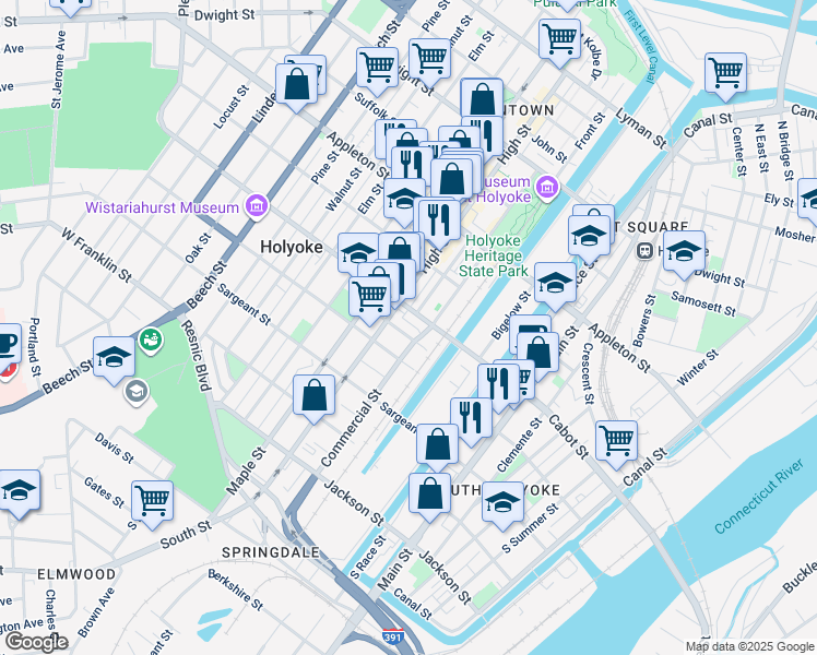 map of restaurants, bars, coffee shops, grocery stores, and more near 518 High Street in Holyoke