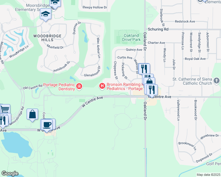 map of restaurants, bars, coffee shops, grocery stores, and more near 2446 Deep Forest Court in Portage