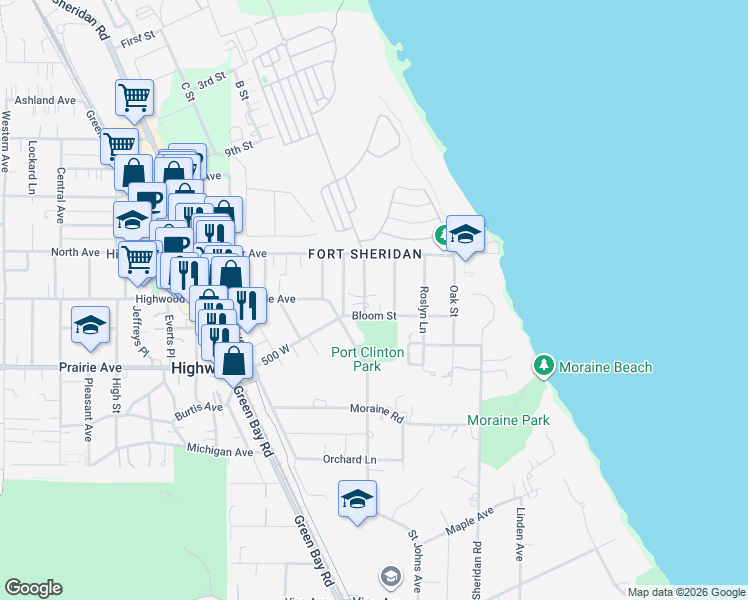 map of restaurants, bars, coffee shops, grocery stores, and more near 2754 Fort Sheridan Avenue in Highland Park
