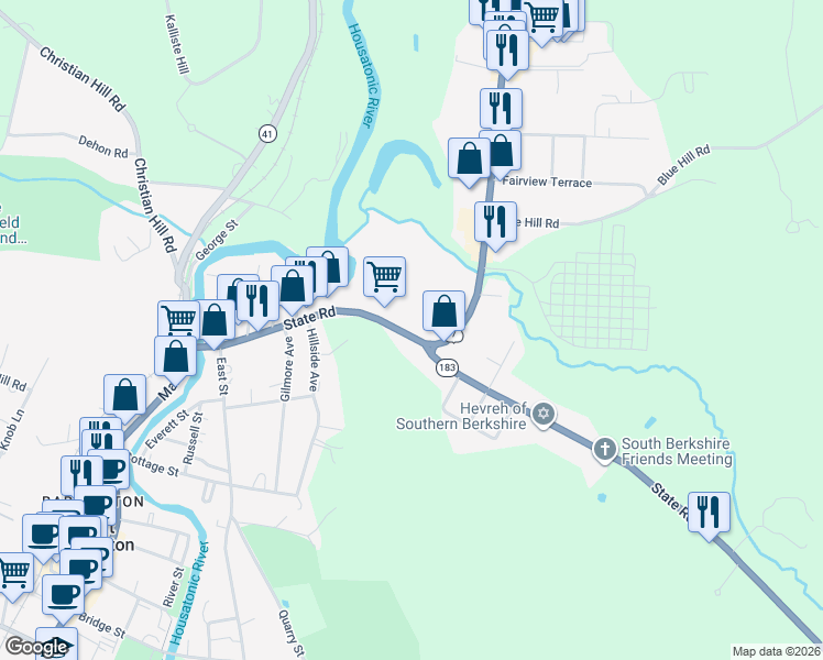 map of restaurants, bars, coffee shops, grocery stores, and more near 185 State Road in Great Barrington