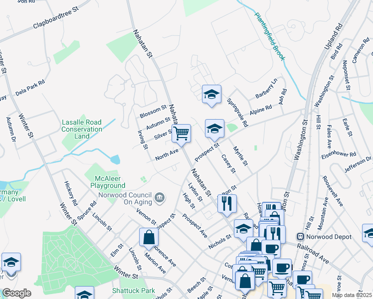 map of restaurants, bars, coffee shops, grocery stores, and more near 439 Nahatan Street in Norwood