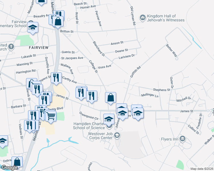 map of restaurants, bars, coffee shops, grocery stores, and more near 213 McCarthy Avenue in Chicopee
