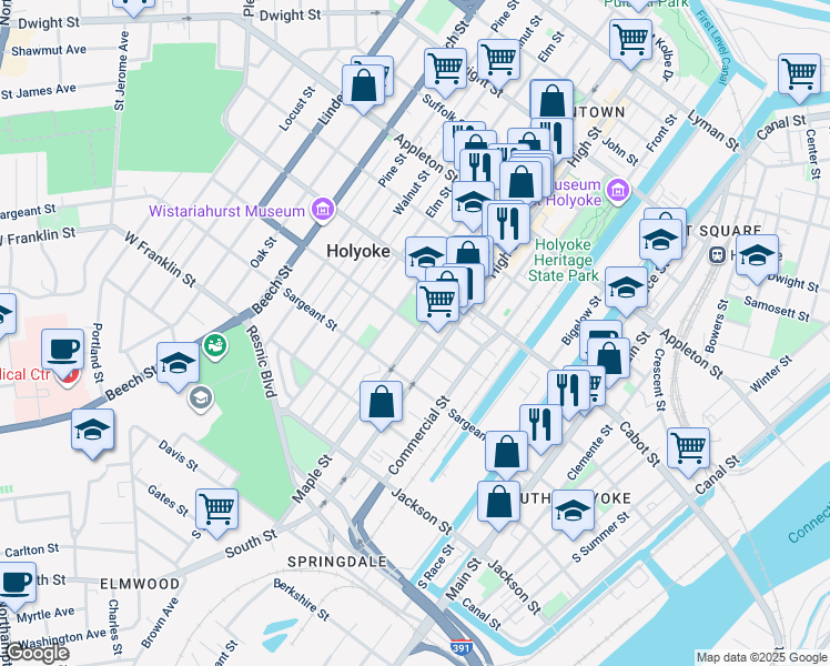 map of restaurants, bars, coffee shops, grocery stores, and more near 389 Maple Street in Holyoke