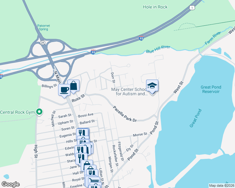 map of restaurants, bars, coffee shops, grocery stores, and more near 7 Dorr Street in Randolph