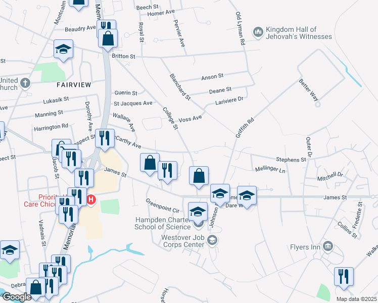map of restaurants, bars, coffee shops, grocery stores, and more near 250 College Street in Chicopee
