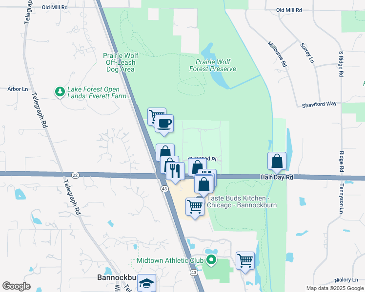 map of restaurants, bars, coffee shops, grocery stores, and more near 23388 Birchwood Lane in Deerfield