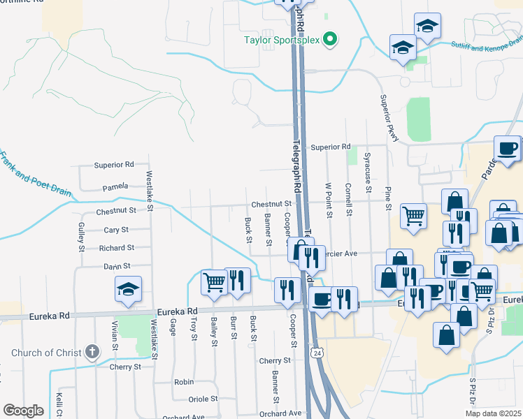 map of restaurants, bars, coffee shops, grocery stores, and more near 14306 Banner Street in Taylor