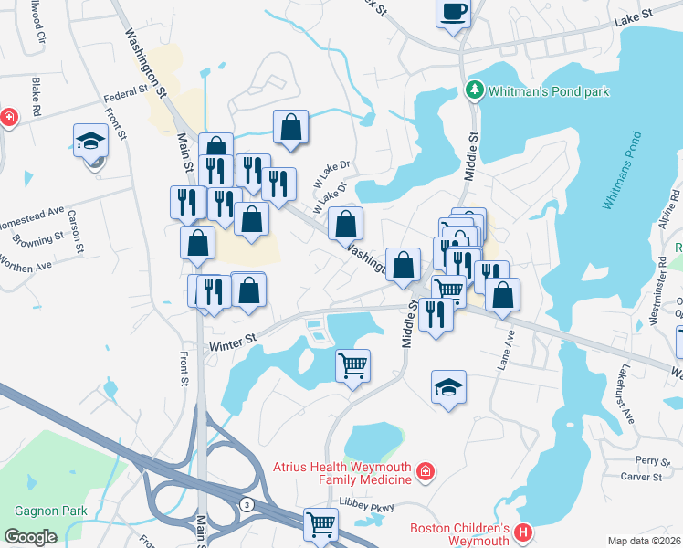 map of restaurants, bars, coffee shops, grocery stores, and more near 709 Washington Street in Weymouth