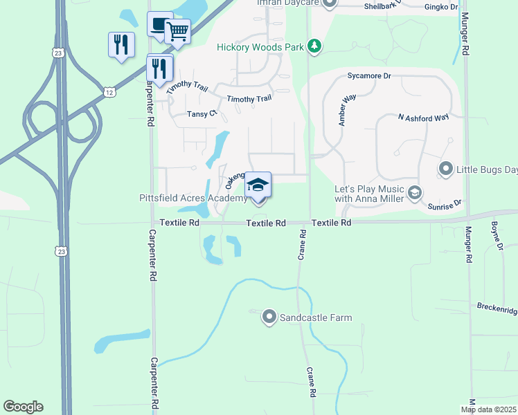 map of restaurants, bars, coffee shops, grocery stores, and more near 4377 Textile Road in Ypsilanti