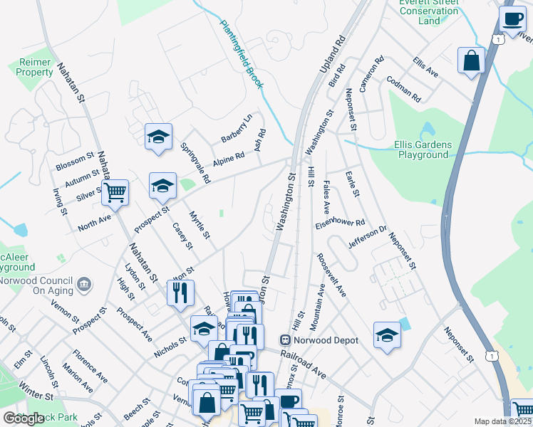 map of restaurants, bars, coffee shops, grocery stores, and more near 347 Washington Street in Norwood